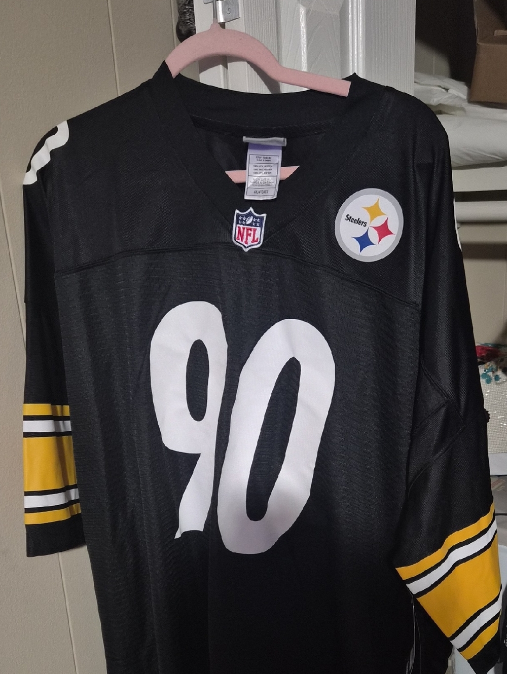 NFL Black Pittsburgh Steelers #90 Replica Jersey with Yellow Sleeve Stripes